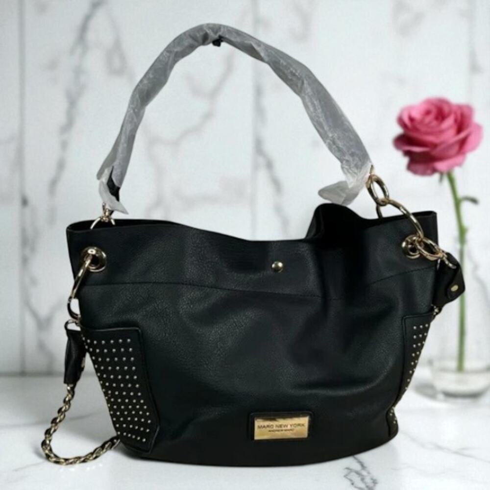 NWOT - Marc New York by Andrew Marc Black Faux Leather Gold Studded Shoulder Bag